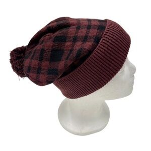 Coach Winter Hat Brown Black Check Pom Pom Leather Label EUC